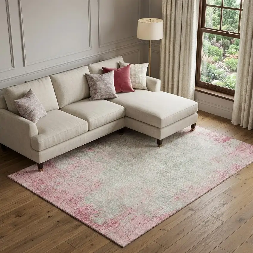 Pink And Ivory Abstract Washable Area Rug With UV Protection Photo 1
