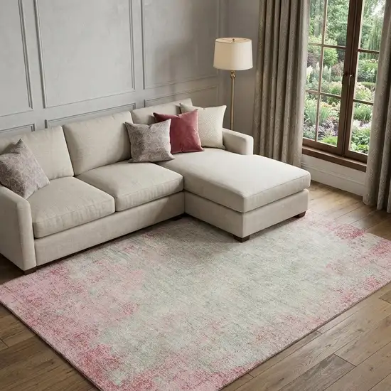 Pink And Ivory Abstract Washable Area Rug With UV Protection Photo 1
