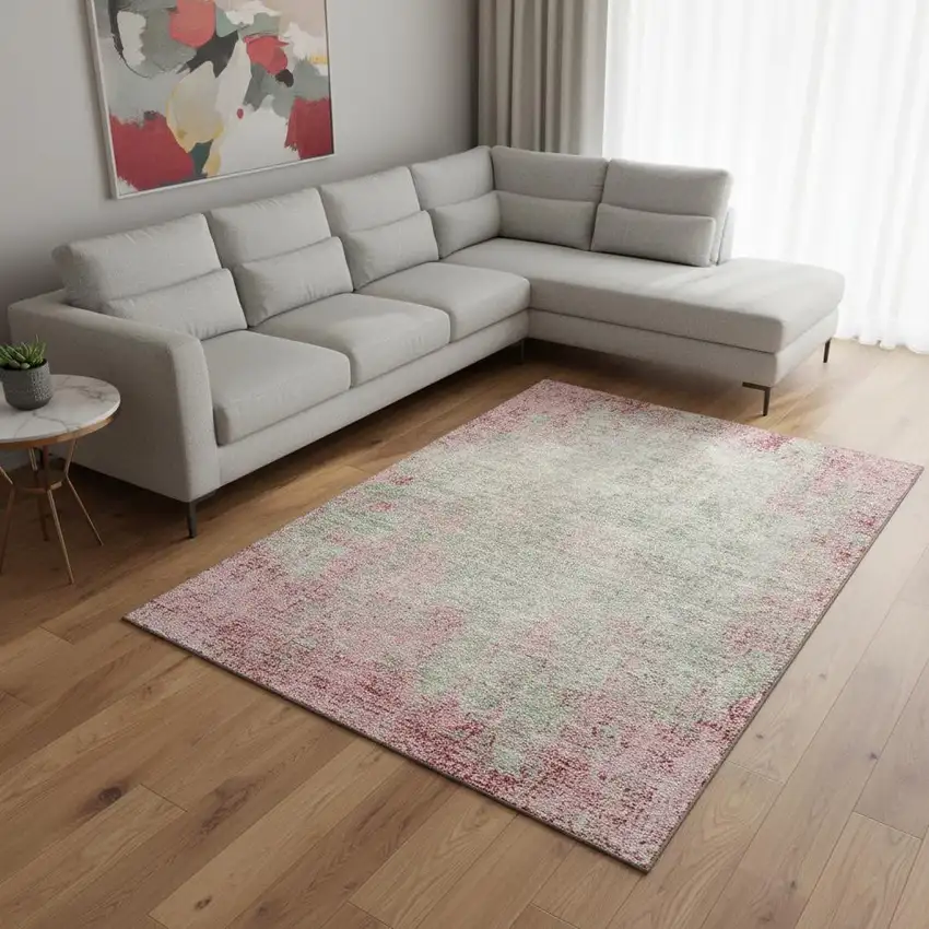 Pink And Ivory Abstract Washable Area Rug With UV Protection Photo 2