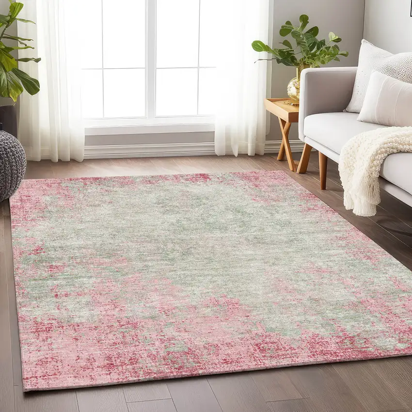 Pink And Ivory Abstract Washable Area Rug With UV Protection Photo 4