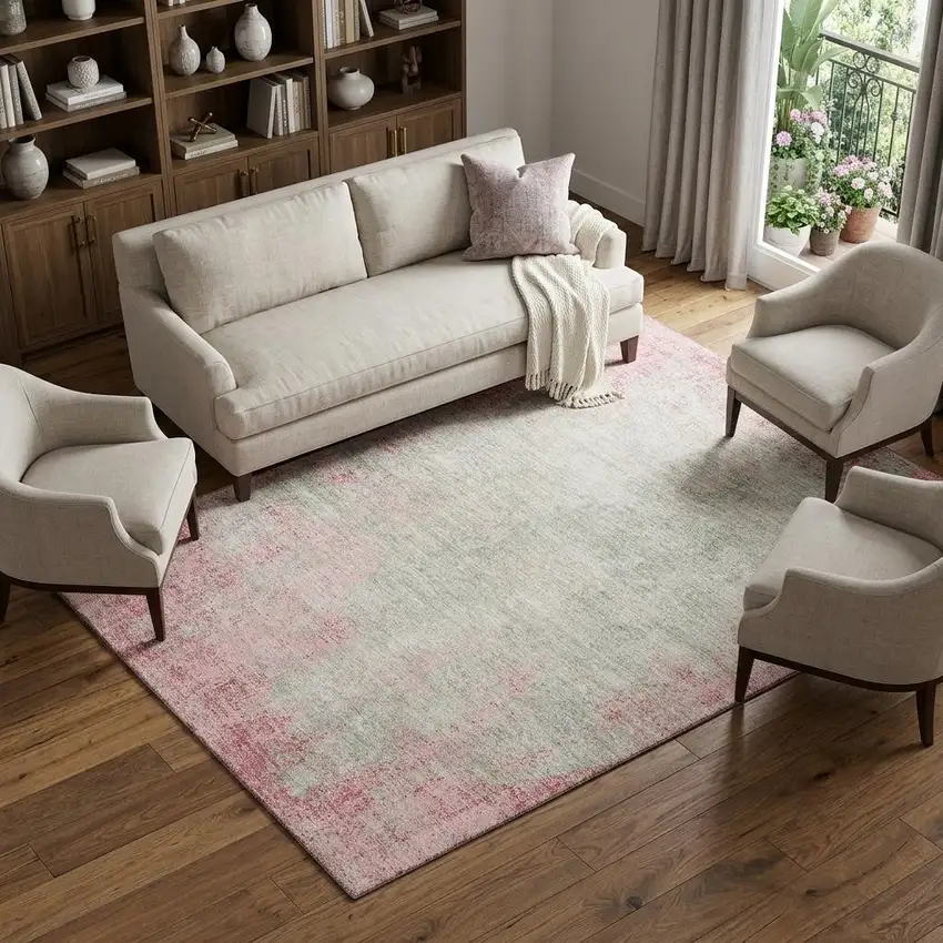 Pink And Ivory Abstract Washable Area Rug With UV Protection Photo 1