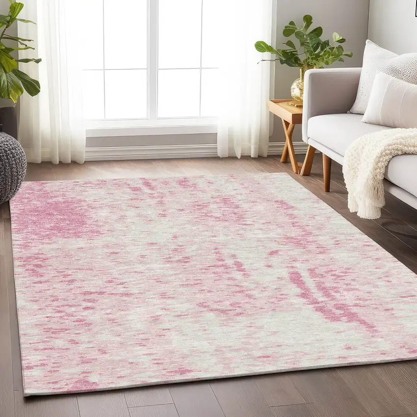 Pink And Ivory Abstract Washable Area Rug With UV Protection Photo 3