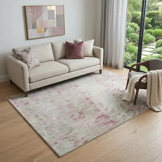 Pink And Ivory Abstract Washable Area Rug With UV Protection Photo 1