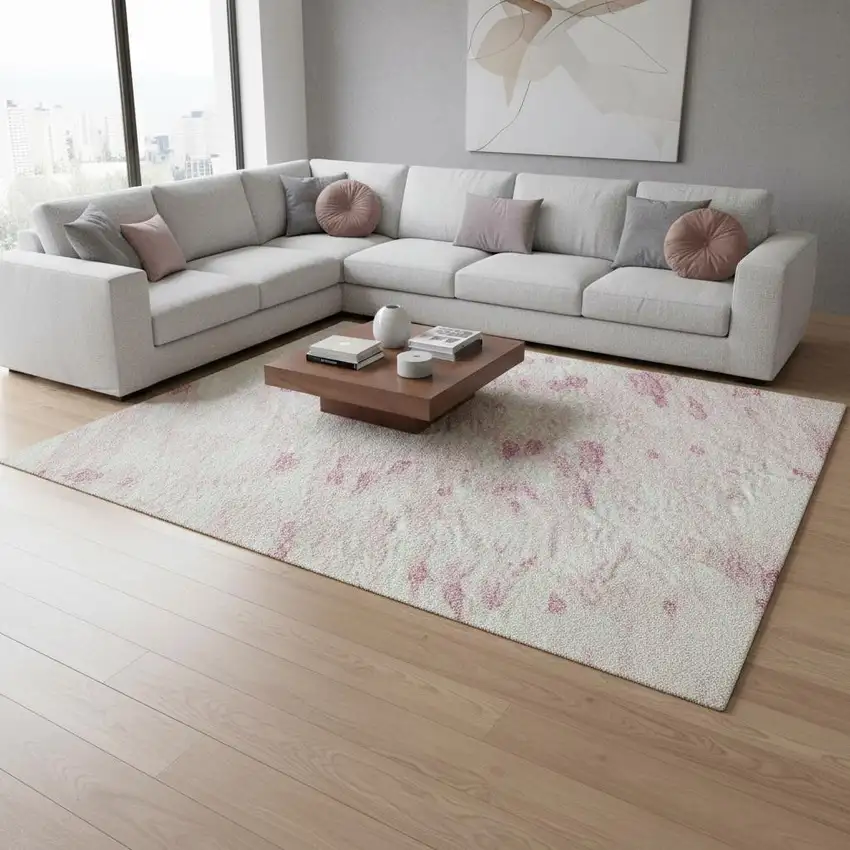 Pink And Ivory Abstract Washable Area Rug With UV Protection Photo 2