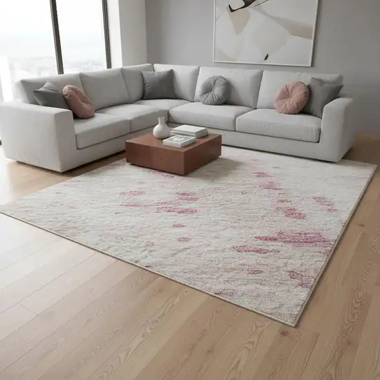 Pink And Ivory Abstract Washable Area Rug With UV Protection Photo 2