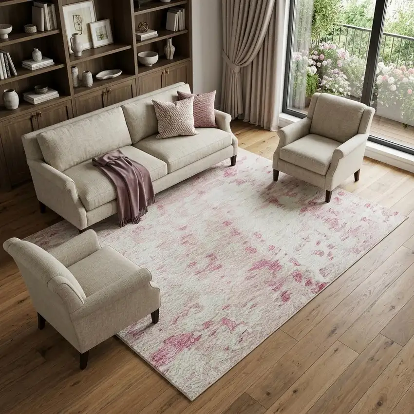 Pink And Ivory Abstract Washable Area Rug With UV Protection Photo 1