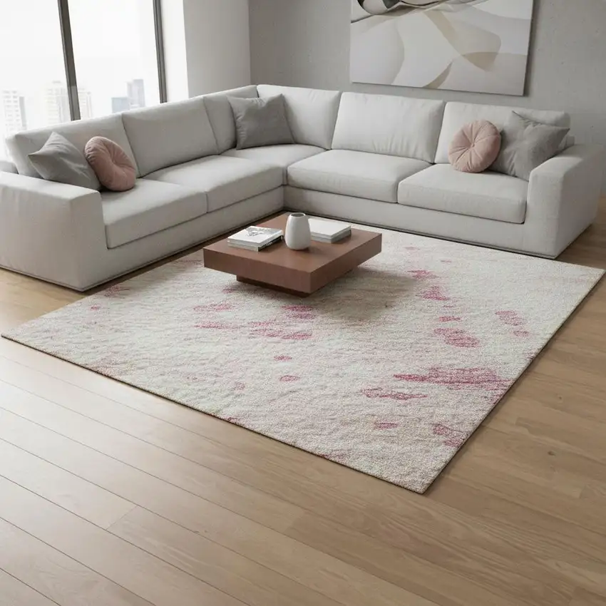 Pink And Ivory Abstract Washable Area Rug With UV Protection Photo 2