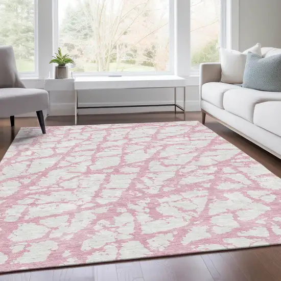 Pink And Ivory Abstract Washable Area Rug With UV Protection Photo 5