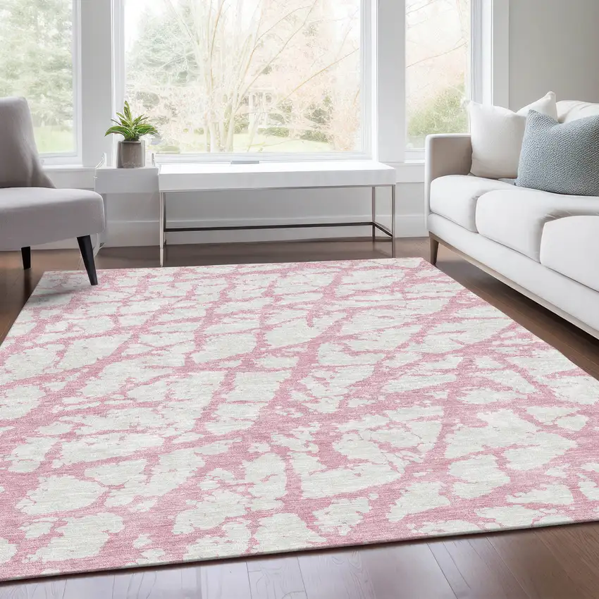 Pink And Ivory Abstract Washable Area Rug With UV Protection Photo 5