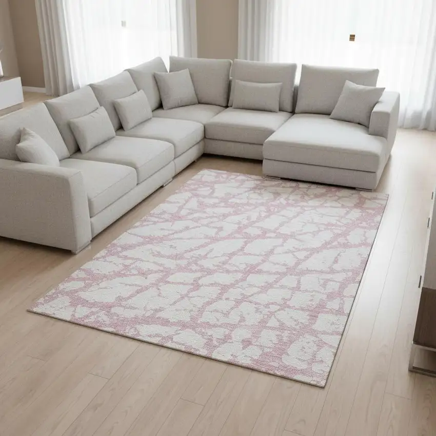 Pink And Ivory Abstract Washable Area Rug With UV Protection Photo 2