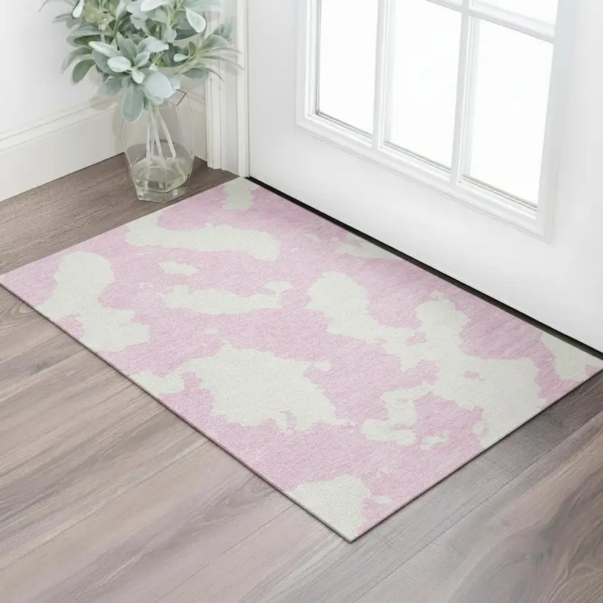 Pink And Ivory Abstract Washable Area Rug With UV Protection Photo 2