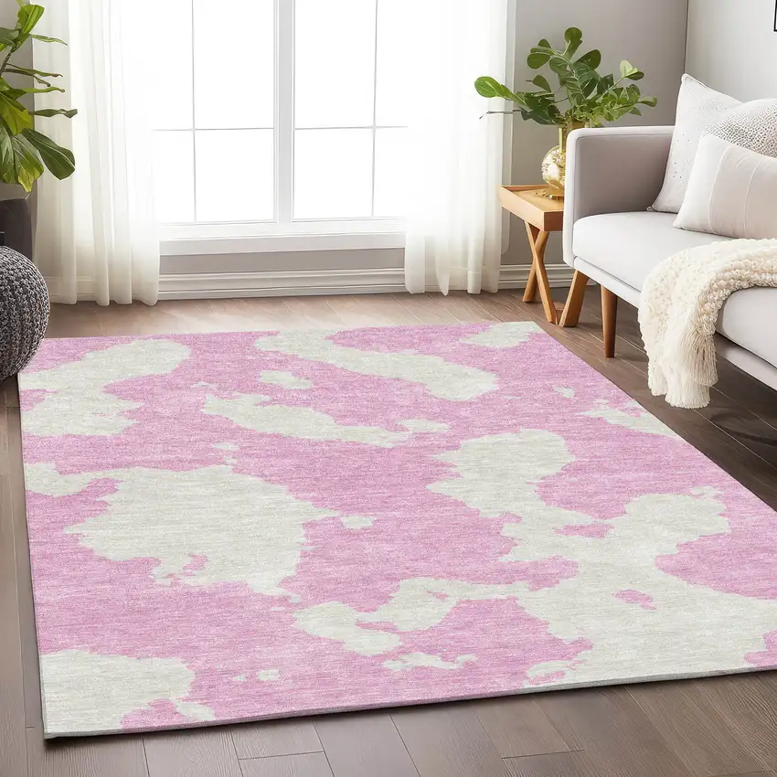 Pink And Ivory Abstract Washable Area Rug With UV Protection Photo 4