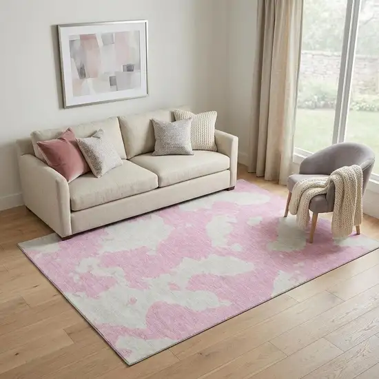 Pink And Ivory Abstract Washable Area Rug With UV Protection Photo 1