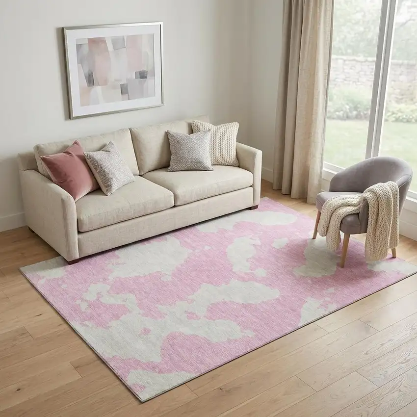 Pink And Ivory Abstract Washable Area Rug With UV Protection Photo 1