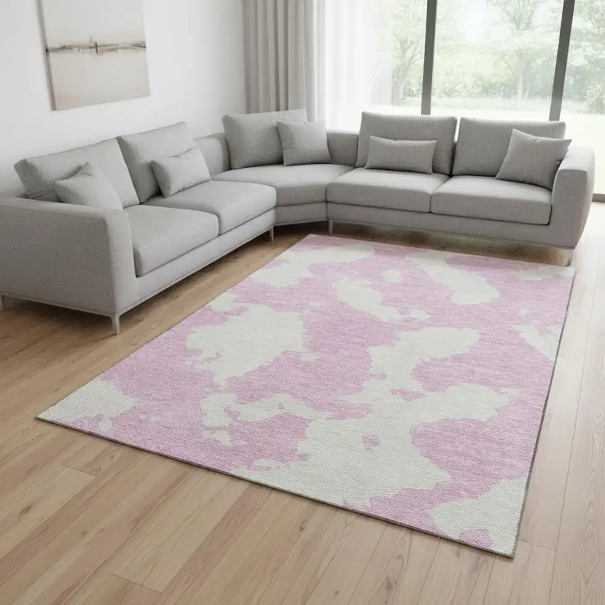 Pink And Ivory Abstract Washable Area Rug With UV Protection Photo 2