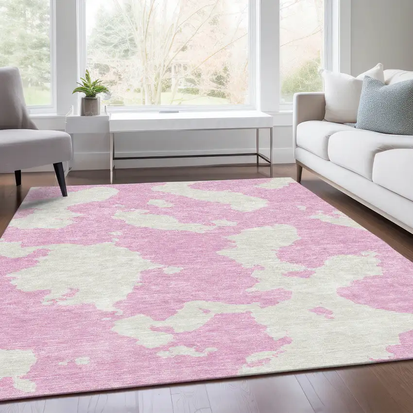 Pink And Ivory Abstract Washable Area Rug With UV Protection Photo 5