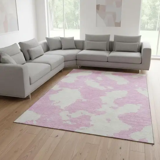 Pink And Ivory Abstract Washable Area Rug With UV Protection Photo 2