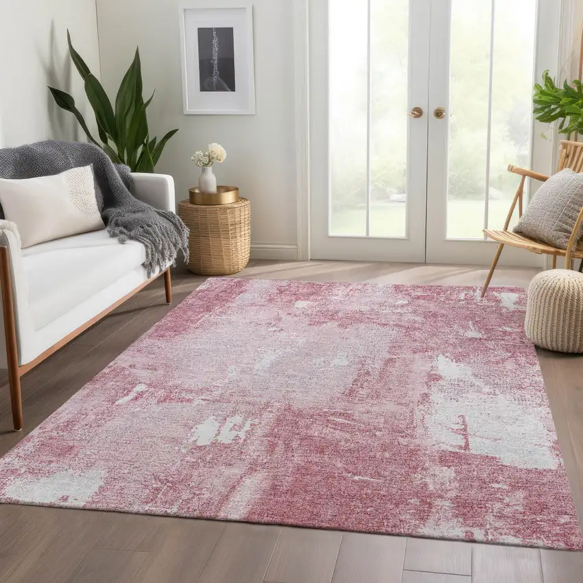 Pink And Ivory Abstract Washable Area Rug With UV Protection Photo 5