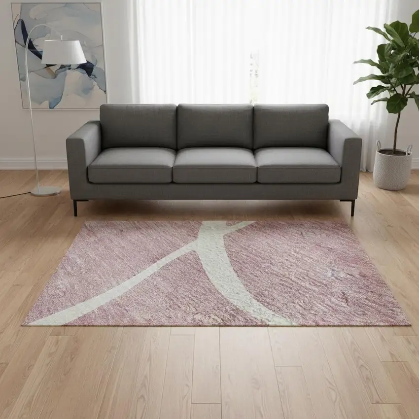 Pink And Ivory Abstract Washable Area Rug With UV Protection Photo 2