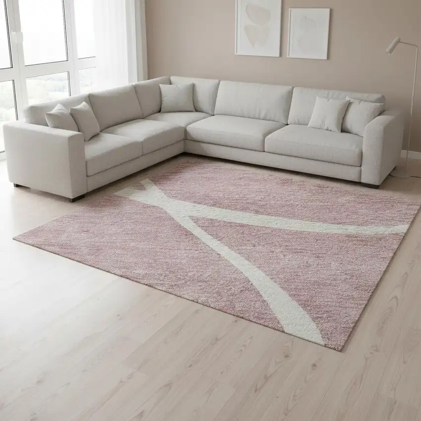 Pink And Ivory Abstract Washable Area Rug With UV Protection Photo 2
