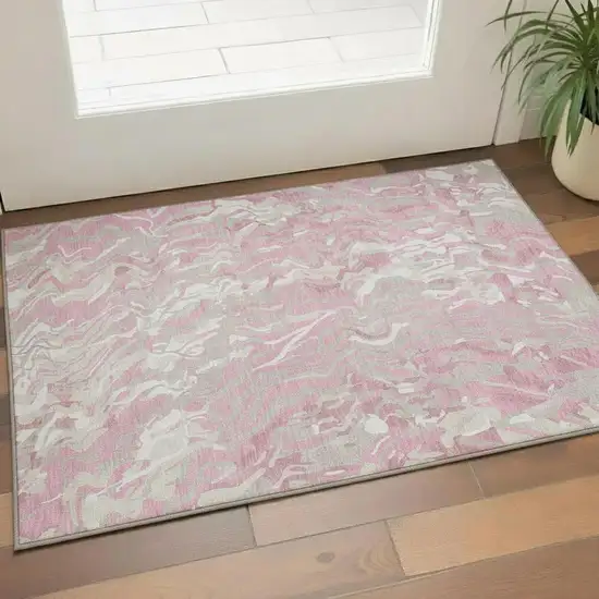 Pink And Ivory Abstract Washable Area Rug With UV Protection Photo 2