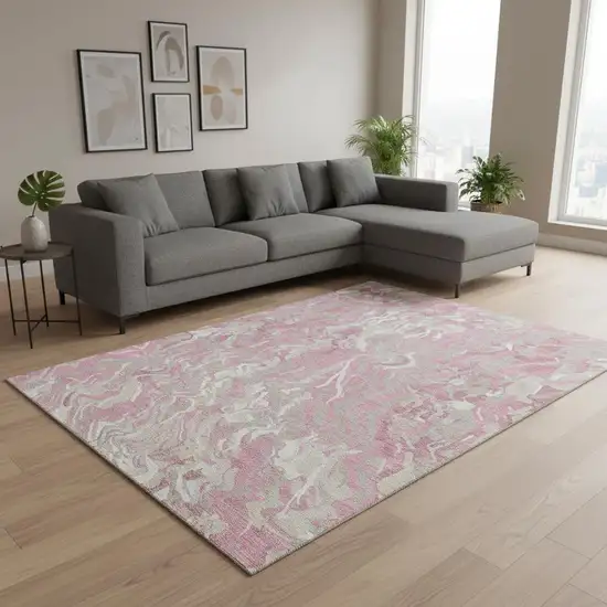 Pink And Ivory Abstract Washable Area Rug With UV Protection Photo 2