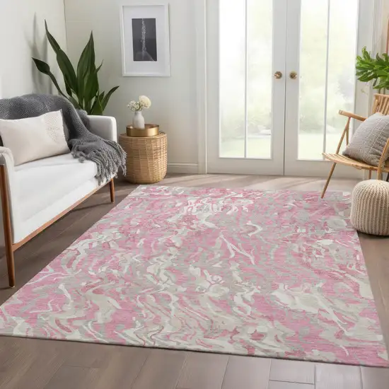 Pink And Ivory Abstract Washable Area Rug With UV Protection Photo 5