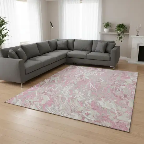 Pink And Ivory Abstract Washable Area Rug With UV Protection Photo 2