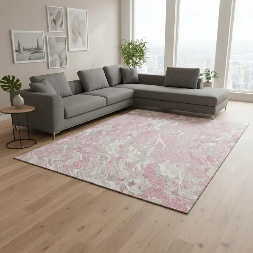 Pink And Ivory Abstract Washable Area Rug With UV Protection Photo 2
