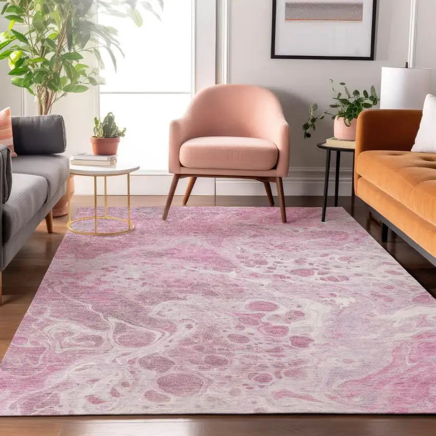 Pink And Ivory Abstract Washable Area Rug With UV Protection Photo 5