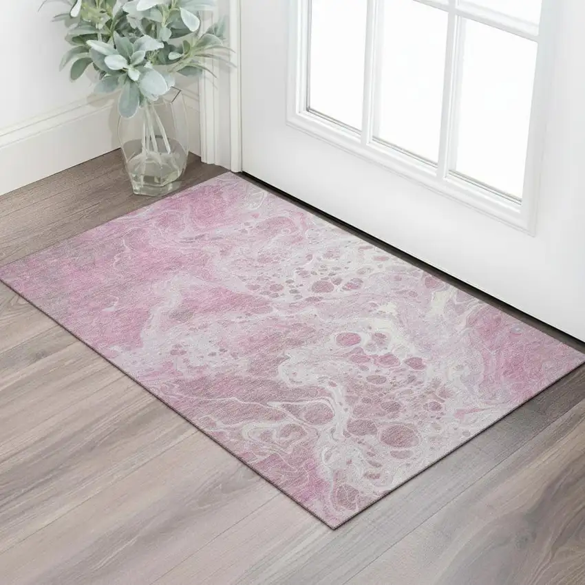 Pink And Ivory Abstract Washable Area Rug With UV Protection Photo 2