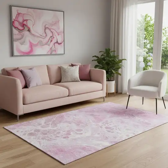 Pink And Ivory Abstract Washable Area Rug With UV Protection Photo 2