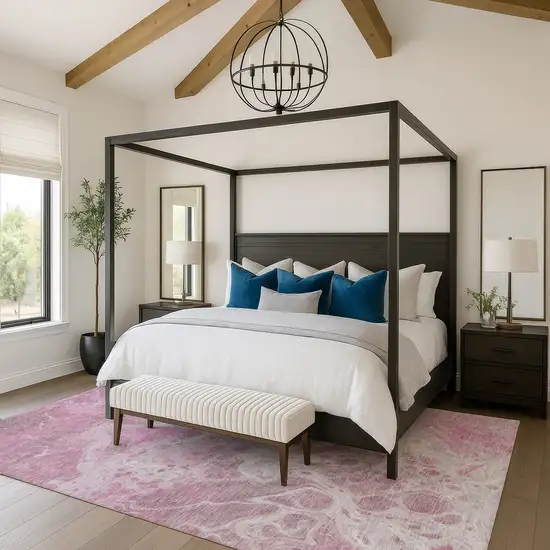 Pink And Ivory Abstract Washable Area Rug With UV Protection Photo 4