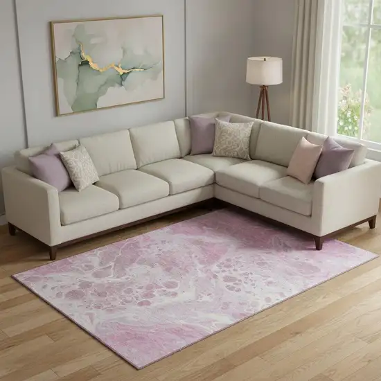 Pink And Ivory Abstract Washable Area Rug With UV Protection Photo 2