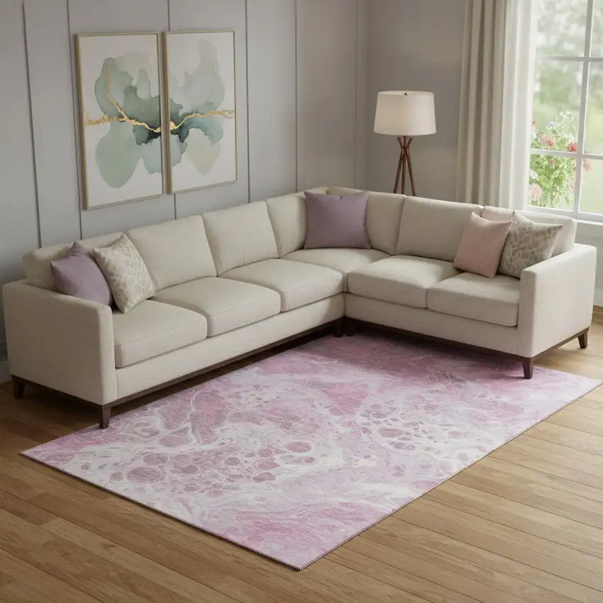 Pink And Ivory Abstract Washable Area Rug With UV Protection Photo 2