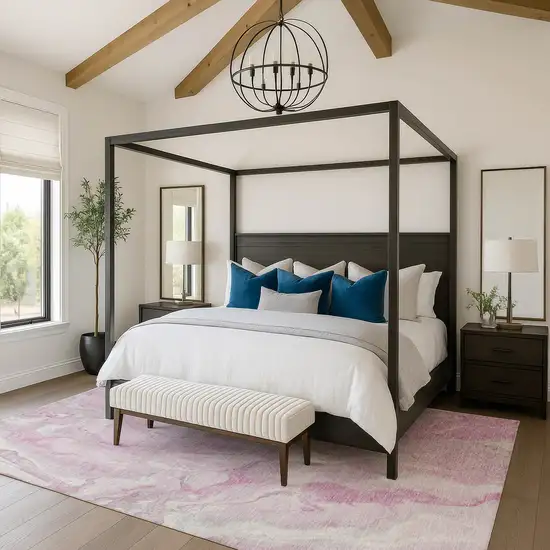 Pink And Ivory Abstract Washable Area Rug With UV Protection Photo 3