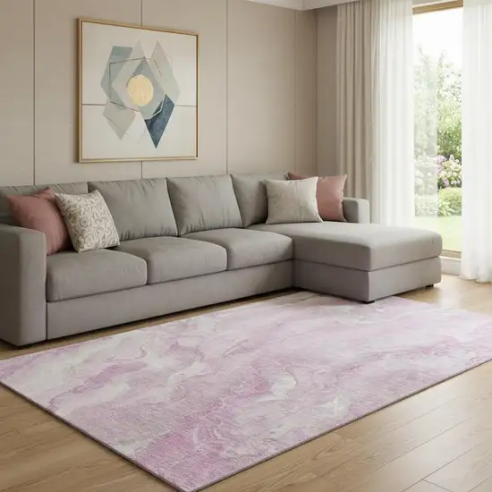 Pink And Ivory Abstract Washable Area Rug With UV Protection Photo 2