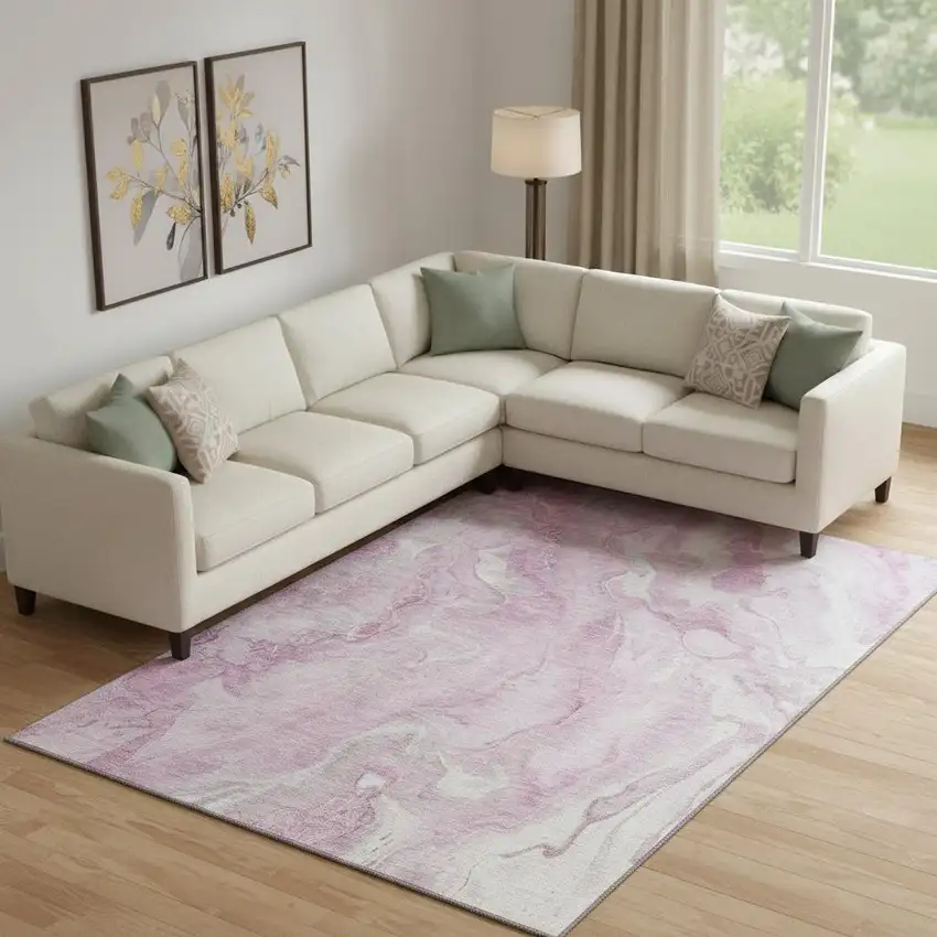 Pink And Ivory Abstract Washable Area Rug With UV Protection Photo 2