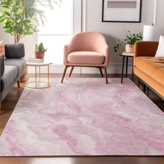 Pink And Ivory Abstract Washable Area Rug With UV Protection Photo 5