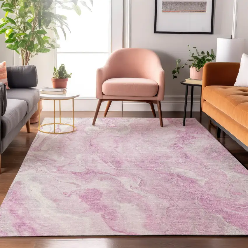 Pink And Ivory Abstract Washable Area Rug With UV Protection Photo 5