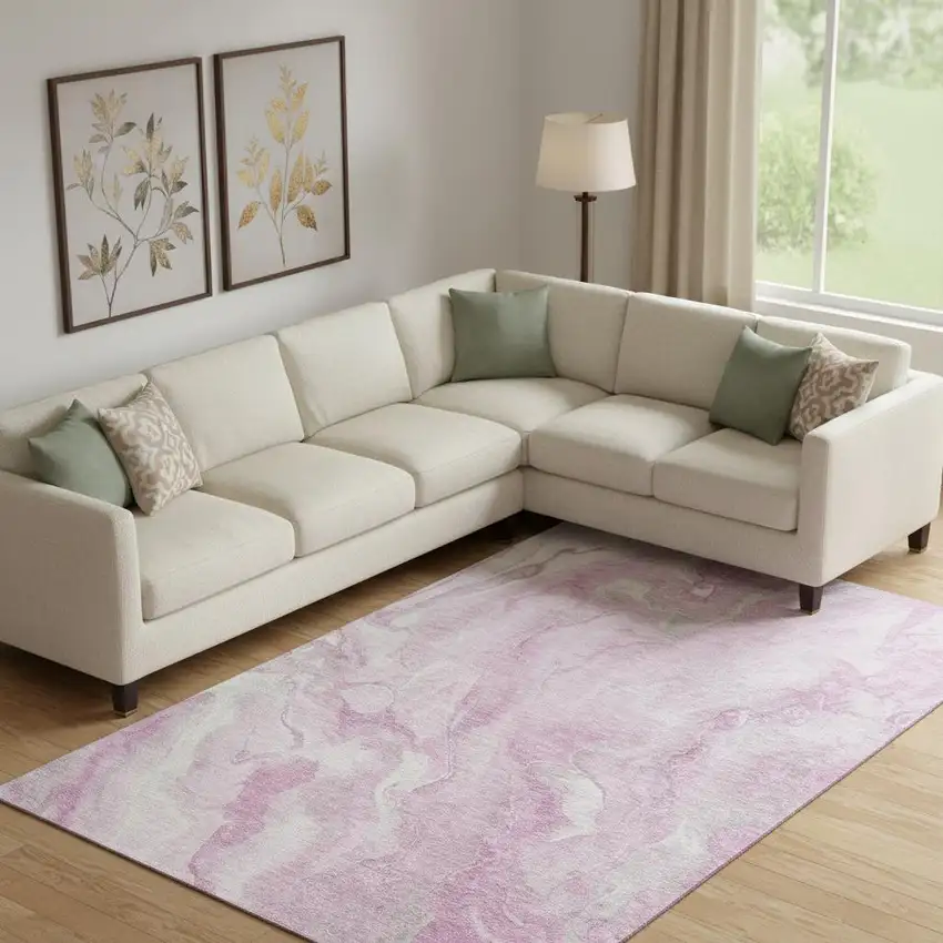 Pink And Ivory Abstract Washable Area Rug With UV Protection Photo 2