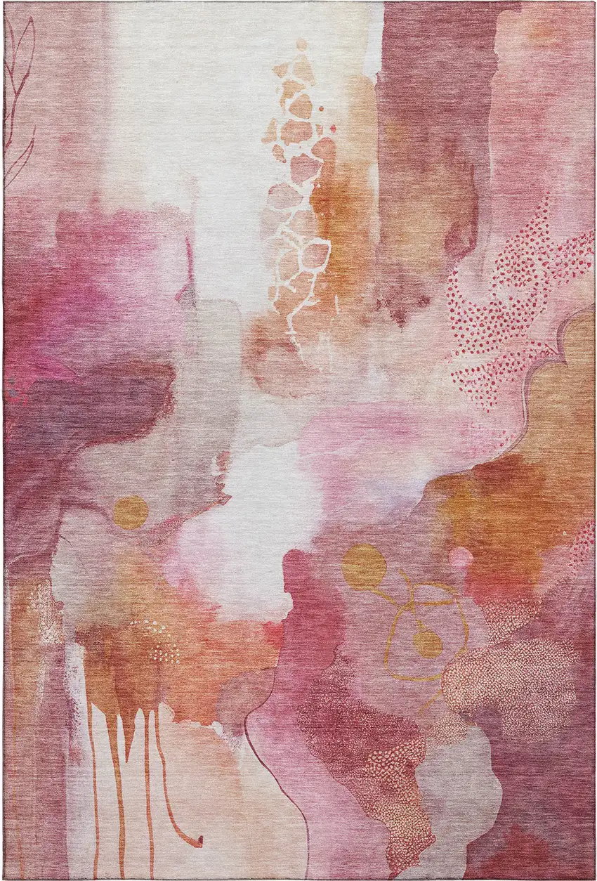 Pink And Ivory Abstract Washable Area Rug With UV Protection Photo 7