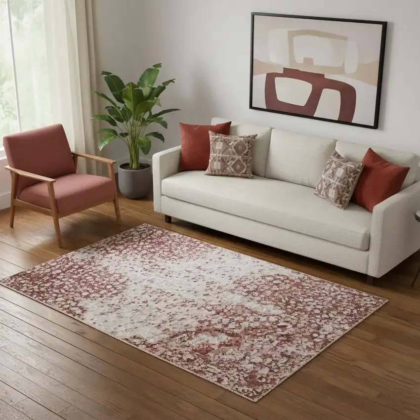 Pink And Ivory Abstract Washable Area Rug With UV Protection Photo 2