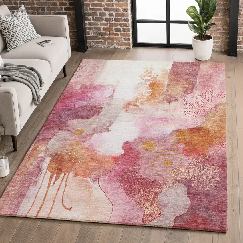 Pink And Ivory Abstract Washable Area Rug With UV Protection Photo 5