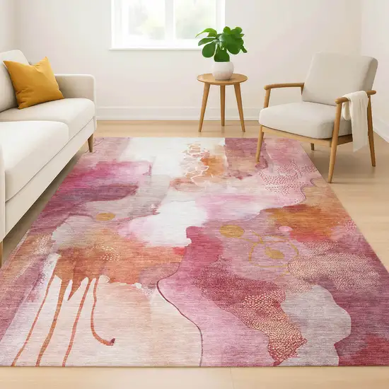 Pink And Ivory Abstract Washable Area Rug With UV Protection Photo 6