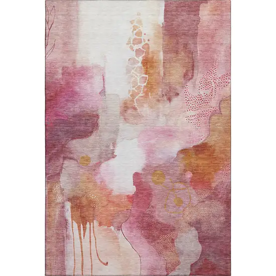 Pink And Ivory Abstract Washable Area Rug With UV Protection Photo 7