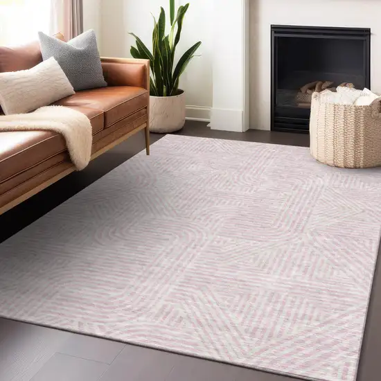 Pink And Ivory Abstract Washable Indoor Outdoor Area Rug Photo 8