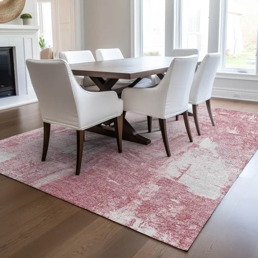 Pink And Ivory Abstract Washable Indoor Outdoor Area Rug Photo 9