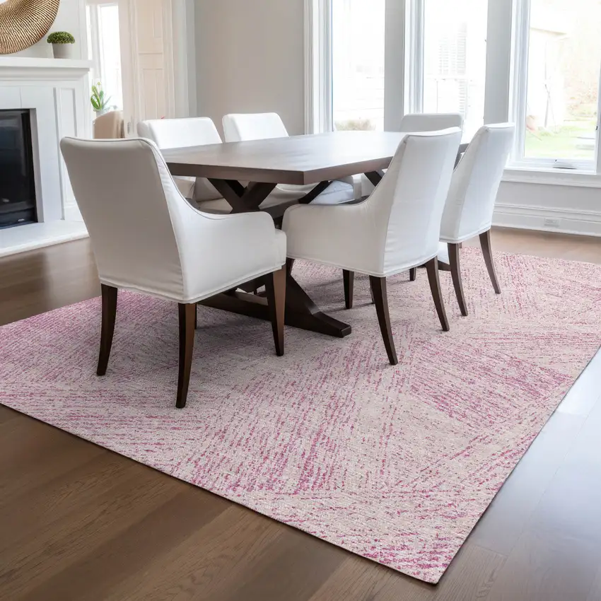 Pink And Ivory Abstract Washable Indoor Outdoor Area Rug Photo 9