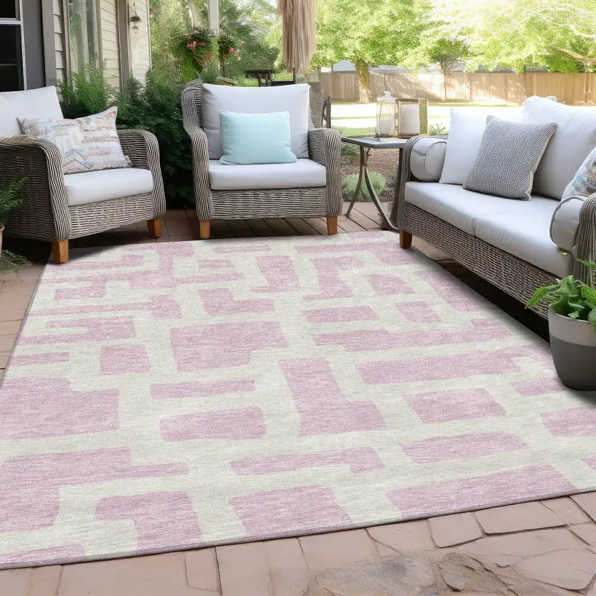 Pink And Ivory Abstract Washable Indoor Outdoor Area Rug Photo 8